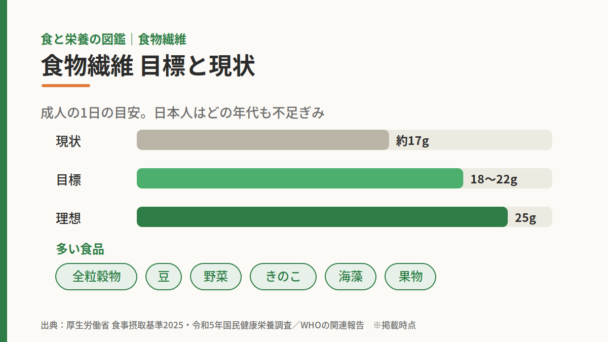 食物繊維の現状・目標・理想量と、多く含む食品を示した図