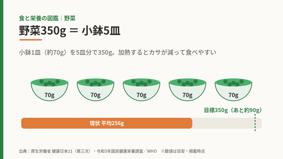 野菜350gが小鉢5皿分に相当することと、平均256gとの差を示した図